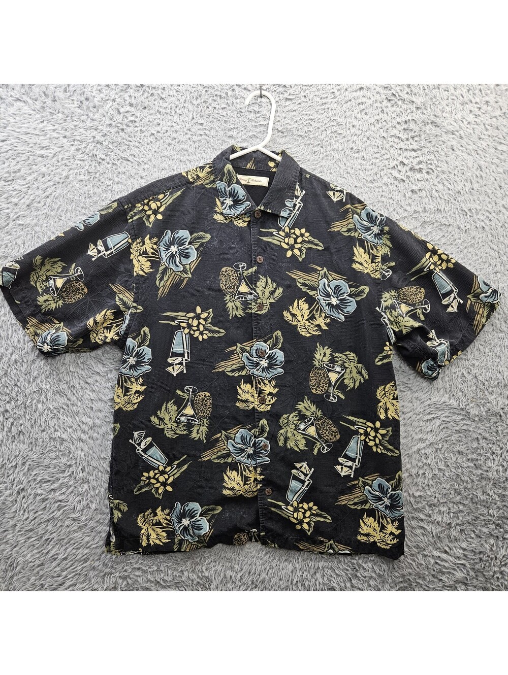 Tommy Bahama Silk Hawaiian Shirt Large Black Cocktails Floral Palm Trees *Spot